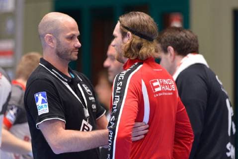 GER 1 HBL Men BHC vs MT Melsungen 20 04 2019 Unihalle Wuppertal GER 1 DKB BHC06 vs MT Melsungen DKB regulations prohibit any use of photographs as image sequences and or quasi video in picture Heiko Grimm MT Melsungen Coach with Tobias Reichmann MT Melsungen 9 nordphotox xFreund nph00018