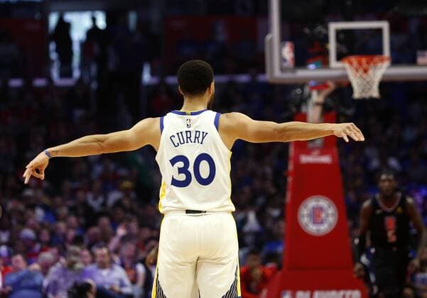 April 21, 2019 - Los Angeles, California, U.S - Golden State Warriors Stephen Curry (30) gestures during an NBA Basketball Herren USA basketball playoffs round one game between Los Angeles Clippers and Golden State Warriors Sunday, April 21, 2019, in Los Angeles. The Warriors won 113-105. NBA 2019 Playoffs: Warriors 113:105 Clippers - ZUMAc68_ 20190421_zaf_c68_032 Copyright: xRingoxChiux