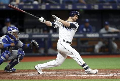 April 22, 2019 - St. Petersburg, Florida, U.S. - MONICA HERNDON Times.Tampa Bay Rays first baseman Brandon Lowe (8) doubles and Tampa Bay Rays shortstop Willy Adames (1) scores during the sixth inning of the Tampa Bay Rays game against the Kansas City Royals at Tropicana Field on April 22, 2019 in St. Petersburg, Florida. Florida News - April 22, 2019 - ZUMAs70_ 90856301st Copyright: xMonicaxHerndonx