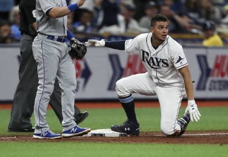 April 22, 2019 - St. Petersburg, Florida, U.S. - MONICA HERNDON Times.Tampa Bay Rays shortstop Willy Adames (1) slides into third after a triple during the seventh inning of the Tampa Bay Rays game against the Kansas City Royals at Tropicana Field on April 22, 2019 in St. Petersburg, Florida. Florida News - April 22, 2019 - ZUMAs70_ 90856387st Copyright: xMonicaxHerndonx