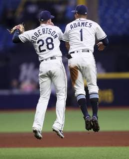 April 22, 2019 - St. Petersburg, Florida, U.S. - MONICA HERNDON Times.Tampa Bay Rays third baseman Daniel Robertson (28) and Tampa Bay Rays shortstop Willy Adames (1) celebrate after winning the Tampa Bay Rays game against the Kansas City Royals at Tropicana Field on April 22, 2019 in St. Petersburg, Florida. The Tampa Bay Rays won 6 to 3. Florida News - April 22, 2019 - ZUMAs70_ 90856464st Copyright: xMonicaxHerndonx