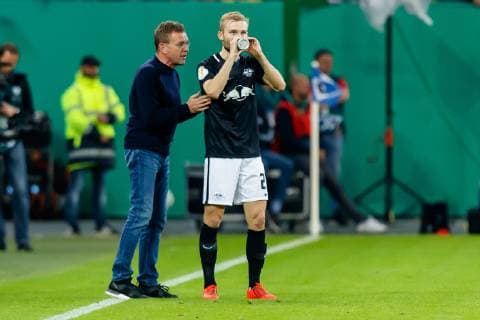 Hamburg Germany 23 04 2019 DFB Cup Semifinal Hamburger SV RB Leipzig Coach Ralf Rangnick RBL talks to Konrad Laimer RBL DeFodi048