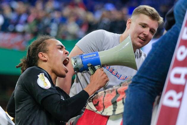 Germany Hamburg Volksparkstadion 1 2 Soccer Bundesliga DFB Cup Semifinal Hamburger SV HSV Turf Ball Sport Leipzig Final Jubilee Yussuf Poulsen RB DFL REGULATIONS PROHIBIT ANY USE OF PHOTOGRAPHS AS IMAGE SEQUENCES AND OR QUASI VIDEO