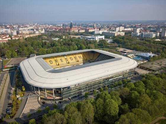 Aerial photo of the Rudolf Harbig Stadium in the morning 24 04 2019 Dresden Football GER 2 Bundesliga 2 BL Season 2018 2019 Rudolf Harbig Stadium SG Dynamo Dresden