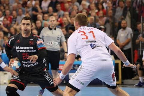 SG Flensburg Handewitt vs. Telekom Veszprem HC Handball EHF Champions League Quarter Finals 24 04 19 Rasmus Lauge Schmidt SG Flensburg Handewitt 25 vs. Blaz Blagotinsek Telekom Veszprem HC 31 xmmkx