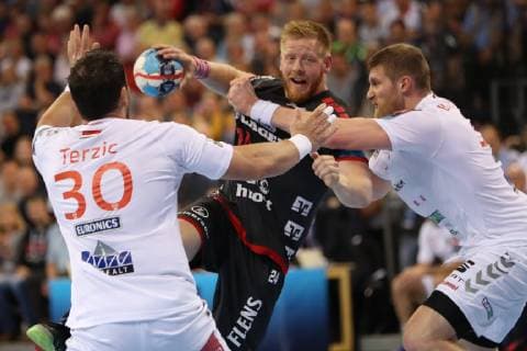 SG Flensburg Handewitt vs. Telekom Veszprem HC Handball EHF Champions League Quarter Finals 24 04 19 Jim Gottfridsson SG Flensburg Handewitt 24 vs. Mirsad Terzic Telekom Veszprem HC 30 and Blaz Blagotinsek Telekom Veszprem HC 31 xmmkx