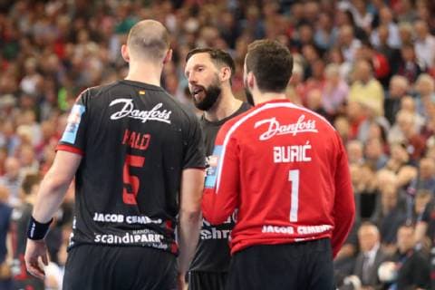 SG Flensburg Handewitt vs. Telekom Veszprem HC Handball EHF Champions League Quarter Finals 24 04 19 Benjamin Buric SG Flensburg Handewitt 01 Simon Hald Jensen SG Flensburg Handewitt 05 Tobias Karlsson SG Flensburg Handewitt 03 xmmkx