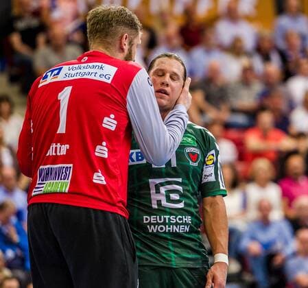 TVB 1898 Stuttgart Fuechse Berlin Bitter Johannes TVB 1898 Stuttgart 1 Zachrisson Mattias Fuechse Berlin 21 at the match in the Handball Bundesliga TVB 1898 Stuttgart Fuechse Berlin Stuttgart 25 04 19 Handball 28 Matchday Baden Wuerttemberg Germany