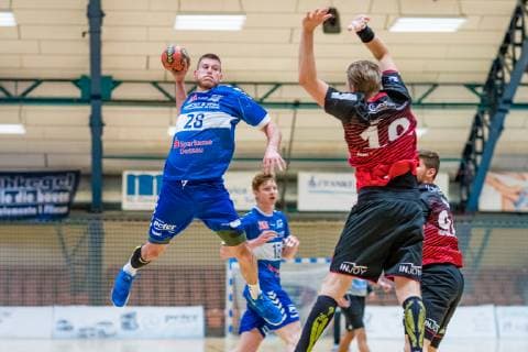 Daniel Zele 28 Dessau Rosslauer HV 06 Luca de Boer 19 HSG Nordhorn Lingen during the match in Handball 2 Bundesliga Men Season 2018 2019 between Dessau Rosslauer HV 06 and HSG Nordhorn Lingen in the Anhalt Arena on 26 April 2019 in Dessau Rosslau Sachsen Anhalt Germany