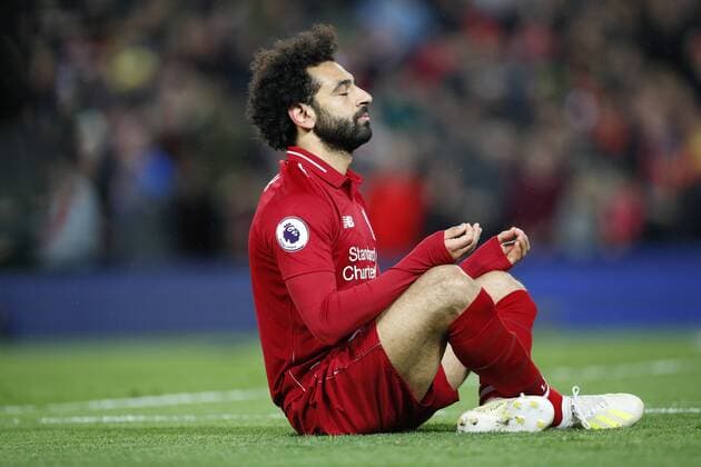 Sport Themen der Woche KW17 Sport Bilder des Tages Football - 2018 2019 Premier League - Liverpool vs. Huddersfield Town Mohamed Salah of Liverpool celebrates after scoring at Anfield. COLORSPORT LYNNE CAMERON 