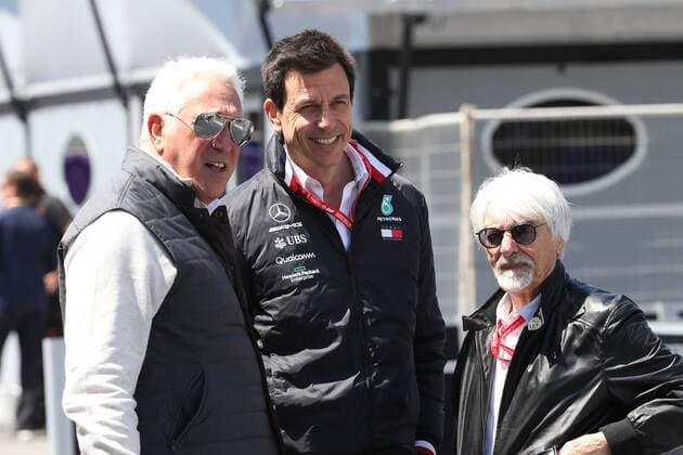 Photo4 LaPresse 27 04 2019 Baku, Azerbaijan Grand Prix Formula One Azerbaijan 2019 In the pic: Lawrence Stroll (CAN) Racing Point F1 Team Investor, Toto Wolff (GER) Mercedes AMG F1 Shareholder and Executive Director and Bernie Ecclestone (GBR)  Copyright: xPhoto4 LaPressex