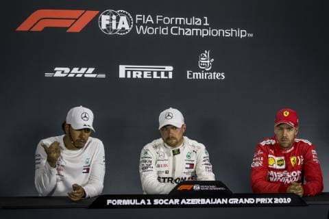 Motorsports: FIA Formula One World Championship WM Weltmeisterschaft 2019, Grand Prix of Azerbaijan, 44 Lewis Hamilton (GBR, Mercedes AMG Petronas Motorsport), 77 Valtteri Bottas (FIN, Mercedes AMG Petronas Motorsport), 5 Sebastian Vettel (GER, Scuderia Ferrari Mission Winnow), Baku Azerbaijan