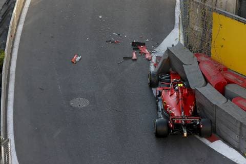 April 27, 2019 - Baku, Azerbaijan - CHARLES LECLERC of Scuderia Ferrari Mission Winnow crashes during the qualifying session of the Formula 1 Azerbaijan Grand Prix at Baku City Circuit in Baku, Azerbaijan. Formula 1 Azerbaijan Grand Prix - Qualifying - ZUMAg147 20190427_zap_g147_014 Copyright: xJamesxGasperottix