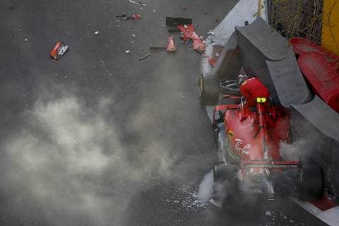 April 27, 2019 - Baku, Azerbaijan - CHARLES LECLERC of Scuderia Ferrari Mission Winnow crashes during the qualifying session of the Formula 1 Azerbaijan Grand Prix at Baku City Circuit in Baku, Azerbaijan. Formula 1 Azerbaijan Grand Prix - Qualifying - ZUMAg147 20190427_zap_g147_015 Copyright: xJamesxGasperottix