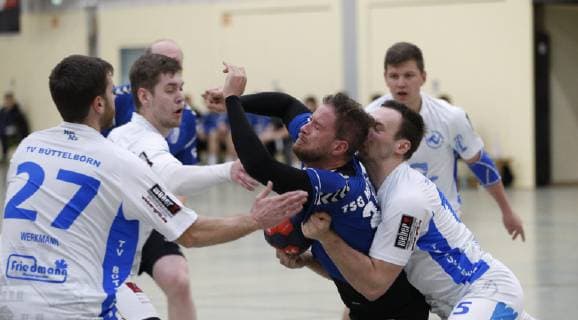Germany Kelkheim Münster 27 04 2019 Handball Hessen Oberliga Men Season 2018 2019 TSG Münster blue TV Büttelborn ws v l Lars Werkmann TV Büttelborn Sebastian Jacobi Münster Maximilian Kehlenbach TV Büttelborn Sport TSG Münster TV Büttelborn
