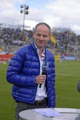 27 04 2019 Football 3 League 2018 2019 35 Matchday TSV 1860 Munich Karlsruher SC in the stadium on Grünwalderstrasse Munich Ex lion player Markus Schroth on ARD Microphone DFL and DFB regulations prohibit any use of photographs as image sequences and or quasi video