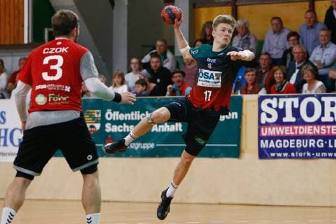 27 04 2019 xtgx Handball 3 Liga Nord SC Magdeburg YoungsterS HSV Hannover emspor v l Luka Baumgart Magdeburg am Ball throws goal scorer scores goal Magdeburg