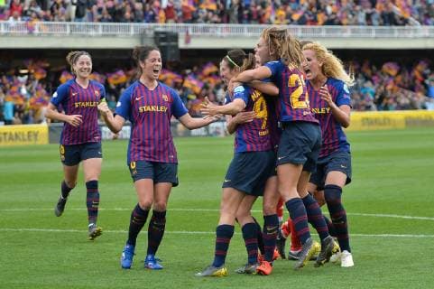 Cheers FC Barcelona after the 1-0 lead Caldentey Maria Francesca FC Barcelona Hamraoui Kheira FC Barcelona Losada Maria Victoria FC Barcelona Torrejon Moya Marta FC Barcelona Barcelona Spain 28 04 2019 Womens football FC Barcelona FC Bayern Munich xklx