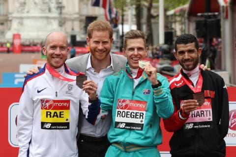 28 04 2019. London, United Kingdom. Prince Harry with the winners of the 2019 London Marathon .  xStephenxLockx xixImagesx IIM-19607-0023