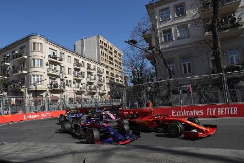 Photo4 LaPresse 28 04 2019 Baku, Azerbaijan Grand Prix Formula One Azerbaijan 2019 In the pic: Alexander Albon (THA) Scuderia Toro Rosso STR14 and Charles Leclerc (MON) Scuderia Ferrari SF90  Copyright: xPhoto4 LaPressex