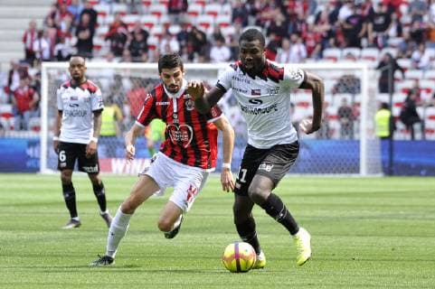 Pierre Lees Melou (OGC Nice) - Marcus Thuram (EA Guingamp) FOOTBALL : OGC Nice vs EA Guingamp - Ligue 1 conforama - Nice - 28 04 2019 NorbertScanella Panoramic 