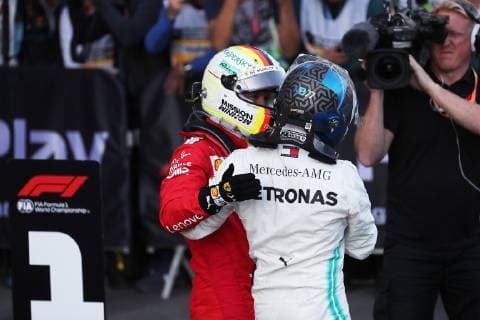 Photo4 LaPresse 28 04 2019 Baku, Azerbaijan Grand Prix Formula One Azerbaijan 2019 In the pic: Valtteri Bottas (FIN) Mercedes AMG F1 W10 and Sebastian Vettel (GER) Scuderia Ferrari SF90  Copyright: xPhoto4 LaPressex