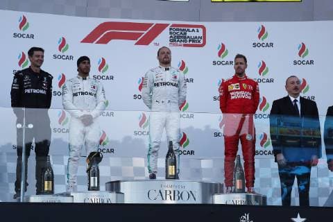 Photo4 LaPresse 28 04 2019 Baku, Azerbaijan Grand Prix Formula One Azerbaijan 2019 In the pic podium: 1st position Valtteri Bottas (FIN) Mercedes AMG F1 W10 2nd position Lewis Hamilton (GBR) Mercedes AMG F1 W10 3rd position Sebastian Vettel (GER) Scuderia Ferrari SF90 and Ilham Aliyev (AZ) President of Azerbaijan  Copyright: xPhoto4 LaPressex