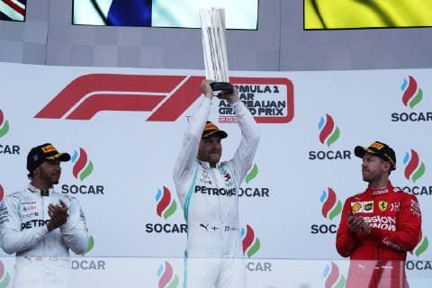 Formel 1, GP Aserbaidschan, Sieger Valtteri Bottas Photo4 LaPresse 28 04 2019 Baku, Azerbaijan Grand Prix Formula One Azerbaijan 2019 In the pic podium: 1st position Valtteri Bottas (FIN) Mercedes AMG F1 W10 2nd position Lewis Hamilton (GBR) Mercedes AMG F1 W10 3rd position Sebastian Vettel (GER) Scuderia Ferrari SF90  Copyright: xPhoto4 LaPressex