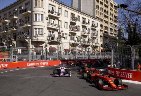 Motorsports: FIA Formula One World Championship WM Weltmeisterschaft 2019, Grand Prix of Azerbaijan, Start, 5 Sebastian Vettel (GER, Scuderia Ferrari Mission Winnow), 11 Sergio Perez (MEX, Racing Point F1 Team), 33 Max Verstappen (NLD, Aston Martin Red Bull Racing), Baku Azerbaijan
