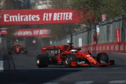 Photo4 LaPresse 28 04 2019 Baku, Azerbaijan Grand Prix Formula One Azerbaijan 2019 In the pic: Sebastian Vettel (GER) Scuderia Ferrari SF90 and Charles Leclerc (MON) Scuderia Ferrari SF90  Copyright: xPhoto4 LaPressex