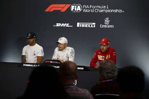 Photo4 LaPresse 28 04 2019 Baku, Azerbaijan Grand Prix Formula One Azerbaijan 2019 In the pic: race press conference PK Pressekonferenz 1st position Valtteri Bottas (FIN) Mercedes AMG F1 W10 2nd position Lewis Hamilton (GBR) Mercedes AMG F1 W10 3rd position Sebastian Vettel (GER) Scuderia Ferrari SF90  Copyright: xPhoto4 LaPressex