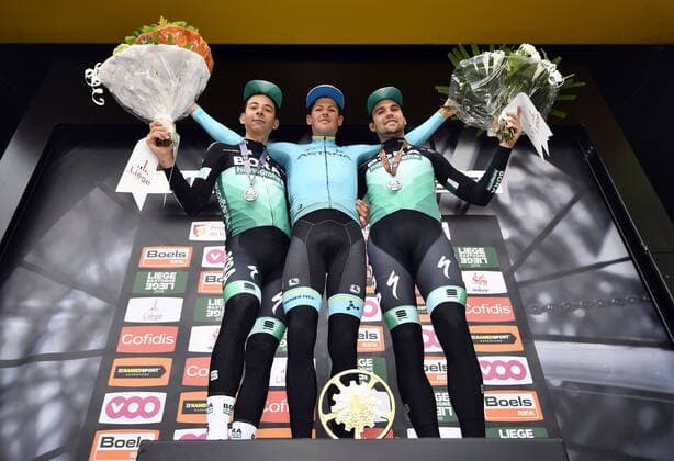 Sport Themen der Woche KW17 Sport Bilder des Tages Danish Jakob Fuglsang of Astana Pro Team, Italian Davide Formolo of Bora-Hansgrohe and German Maximilian Schachmann of Bora-Hansgrohe celebrate on the podium after the 105th edition of the Liege-Bastogne-Liege one day cycling race, Sunday 28 April 2019, 258 km, in Liege. ERICxLALMAND  x05575684x