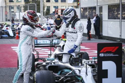 Motorsports: FIA Formula One World Championship WM Weltmeisterschaft 2019, Grand Prix of Azerbaijan, 44 Lewis Hamilton (GBR, Mercedes AMG Petronas Motorsport), 77 Valtteri Bottas (FIN, Mercedes AMG Petronas Motorsport), Baku Azerbaijan