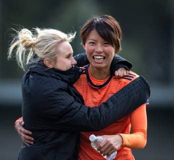 Izzy Christiansen (left) & Saki Kumagai of Olympique Lyonnais Feminin (FC Lyon) at full time during the UEFA Women s Champions League semi-final 2nd leg match between Chelsea Women and Olympique Lyonnais Feminin at the Cherry Red Records Stadium, Kingston, England on 28 April 2019. Copyright: xAndyxRowlandx PMI-2789-0010