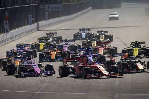 Motorsports: FIA Formula One World Championship WM Weltmeisterschaft 2019, Grand Prix of Azerbaijan, 11 Sergio Perez (MEX, Racing Point F1 Team), 5 Sebastian Vettel (GER, Scuderia Ferrari Mission Winnow), 33 Max Verstappen (NLD, Aston Martin Red Bull Racing), Baku Azerbaijan