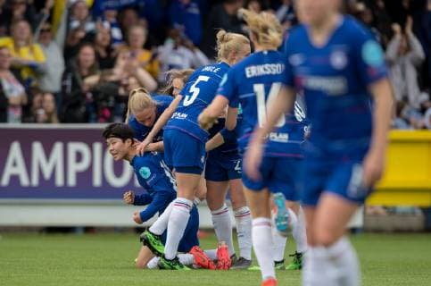 Celebrations after Ji So-yun of Chelsea Women scores a goal during the UEFA Women s Champions League semi-final 2nd leg match between Chelsea Women and Olympique Lyonnais Feminin at the Cherry Red Records Stadium, Kingston, England on 28 April 2019. Copyright: xAndyxRowlandx PMI-2789-0012