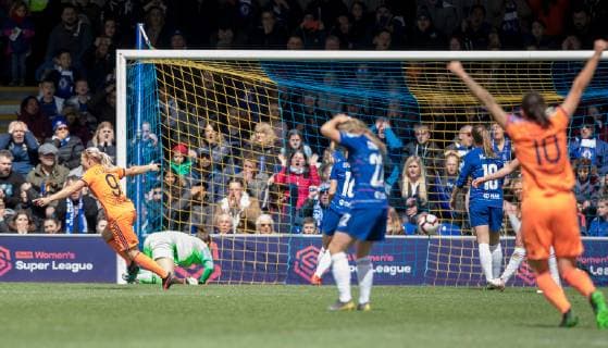 Eug?nie Le Sommer of Olympique Lyonnais Feminin (FC Lyon) turns to celebrate her goal during the UEFA Women s Champions League semi-final 2nd leg match between Chelsea Women and Olympique Lyonnais Feminin at the Cherry Red Records Stadium, Kingston, England on 28 April 2019. Copyright: xAndyxRowlandx PMI-2789-0026