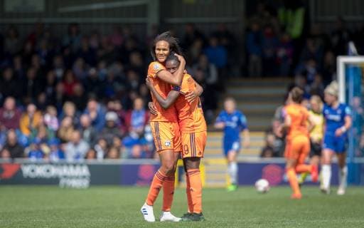 Wendie Renard & Griedge Mbock of Olympique Lyonnais Feminin (FC Lyon) celebrates there teams goal during the UEFA Women s Champions League semi-final 2nd leg match between Chelsea Women and Olympique Lyonnais Feminin at the Cherry Red Records Stadium, Kingston, England on 28 April 2019. Copyright: xAndyxRowlandx PMI-2789-0027
