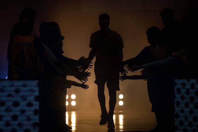 Basketball Berlin 28 04 2019 easyCredit BBL 1 Bundesliga Season 2018 2019 Alba Berlin FC Bayern Munich Team Presentation Alba Jonas Mattisseck Alba Berlin No 09 Fans