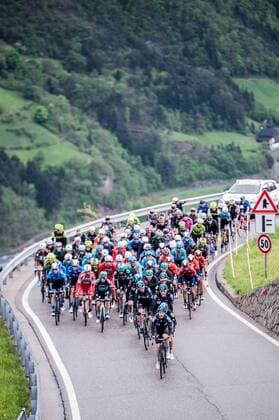 The peloton during the 5 stage of the Tour of the Alps 2019 here in the ascent to Klobenstein Collalbo Landscape Landscape Feature Nature Background Illustration Impression Overview compact peloton Action Racing scene Portrait upright vertcal Event Event 43 Tour of the Alps 5 Stage 5 Caldaro Kaltern to Bolzano Bozen 147 8 km Location Bozen Region Trentino Country Country Italy Italy Date 26 04 2019 Cycling 43 Tour of the Alps 5 Stage 26 04 2019