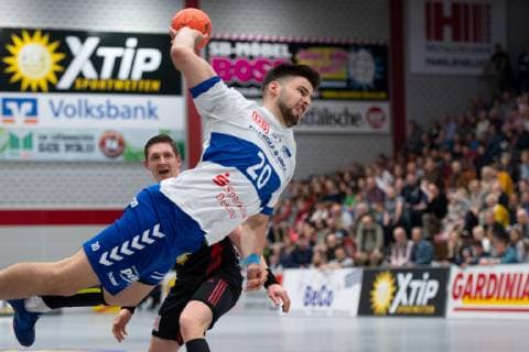 Lübbecke Germany 28 04 2019 2 Handball Bundesliga 2018 2019 TuS N Lübbecke vs Dessau Roßlauer HV Jonas Hönicke Dessau Lübbecke Nordrhein Westfalen Germany Merkur Arena