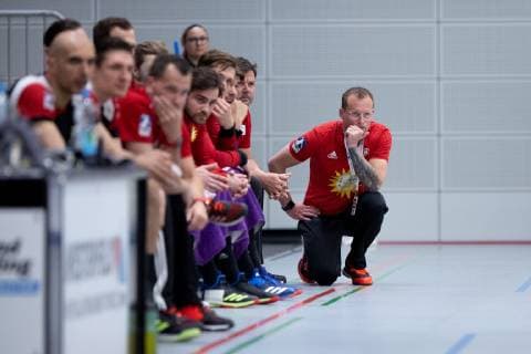Lübbecke Germany 28 04 2019 2 Handball Bundesliga 2018 2019 TuS N Lübbecke vs Dessau Roßlauer HV Heidmar Felixson Trainer Lübbecke Lübbecke Nordrhein Westfalen Germany Merkur Arena