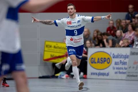 Lübbecke Germany 28 04 2019 2 Handball Bundesliga 2018 2019 TuS N Lübbecke vs Dessau Roßlauer HV Marek Vanco Dessau Lübbecke Nordrhein Westfalen Germany Merkur Arena