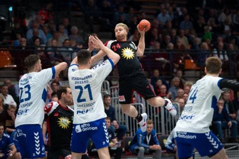 Lübbecke Germany 28 04 2019 2 Handball Bundesliga 2018 2019 TuS N Lübbecke vs Dessau Roßlauer HV M Dener Jaanimaa Lübbecke Lübbecke Nordrhein Westfalen Germany Merkur Arena