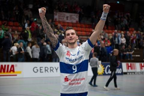 Lübbecke Germany 28 04 2019 2 Handball Bundesliga 2018 2019 TuS N Lübbecke vs Dessau Roßlauer HV Marek Vanco Dessau Lübbecke Nordrhein Westfalen Germany Merkur Arena
