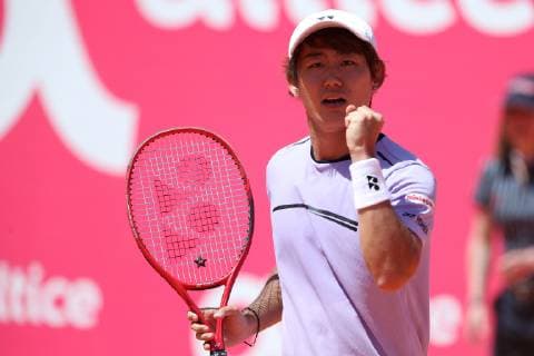 April 29, 2019 - Estoril, Portugal - Yoshihito Nishioka of Japan celebrates his victory over Mackenzie McDonald of USA during the Millennium Estoril Open - Day 1 - ATP Tennis Herren 250 tennis tournament at the Clube de Tenis do Estoril in Estoril, Portugal on April 29, 2019. Estoril Open 2019 - Day 1  - ZUMAn230 20190429_zaa_n230_175 Copyright: xPedroxFiuzax