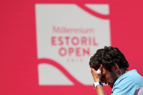 April 29, 2019 - Estoril, Portugal - Pedro Sousa of Portugal reacts after losing a point against Reilly Opelka of USA during the Millennium Estoril Open - Day 1 - ATP Tennis Herren 250 tennis tournament at the Clube de Tenis do Estoril in Estoril, Portugal on April 29, 2019. Estoril Open 2019 - Day 1  - ZUMAn230 20190429_zaa_n230_248 Copyright: xPedroxFiuzax