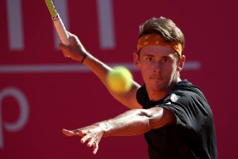 April 29, 2019 - Estoril, Portugal - Alex de Minaur of Australia returns a ball to Joao Domingues of Portugal during the Millennium Estoril Open - Day 1 - ATP Tennis Herren 250 tennis tournament at the Clube de Tenis do Estoril in Estoril, Portugal on April 29, 2019. Estoril Open 2019 - Day 1  - ZUMAn230 20190429_zaa_n230_262 Copyright: xPedroxFiuzax