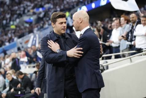 Mauricio Pochettino manager of Tottenham greets Eric ten Hagz manager of Ajax during the UEFA Champions League match at the Tottenham Hotspur Stadium, London. Picture date: 30th April 2019. Picture credit should read: David Klein Sportimage EDITORIAL USE ONLY. No use with unauthorised audio, video, data, fixture lists, club league logos or live services. Online in-match use limited to 120 images, no video emulation. No use in betting, games or single club league player publications. SPI-0063-0024