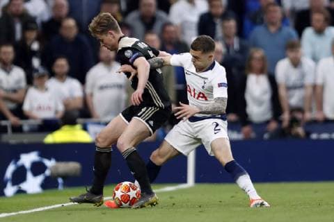 (l-r) Frenkie de Jong of Ajax, Kieran Trippier of Tottenham Hotspur FC during the UEFA Champions League semi final match between Tottenham Hotspur FC and Ajax Amsterdam at the Tottenham Hotspur stadium on April 30, 2019 in London, United Kingdom UEFA Champions League 2018 2019 xVIxVIxImagesx xMauricexvanxSteenxIVx 14335178